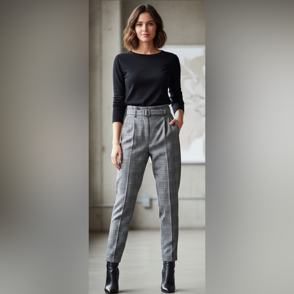 Zara Woman Bag style flat front blk wht checkered trouser pant NWT sz medium